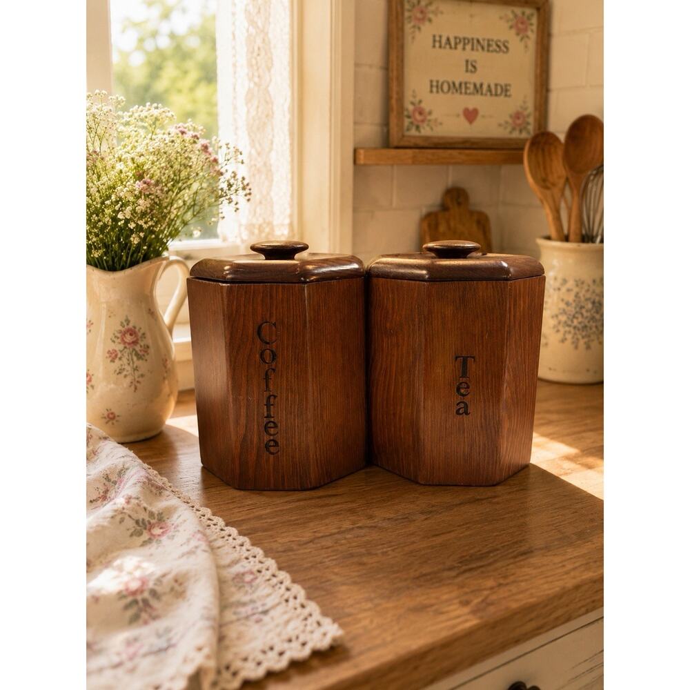Vtg 70s Wooden Kitchen Canister Set Tea Coffee Granny Country Kitchen Cottage